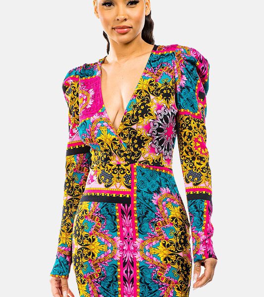 Baroque Color Block Bodycon Dress